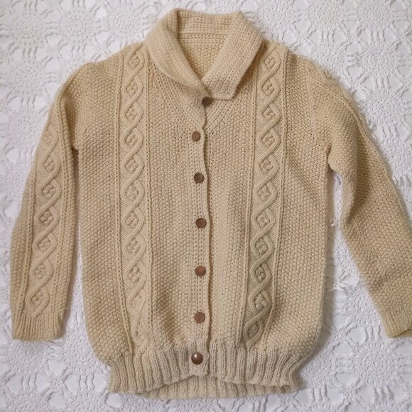 Vtg Handmade Cardigan Sweater Ivory Button Up Shawl Collar Cable Medium Women M - Picture 1 of 7